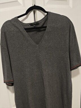 Gucci Men's Dark Gray V-Neck Short Sleeve Tee with Red and Black Sleeve Trim